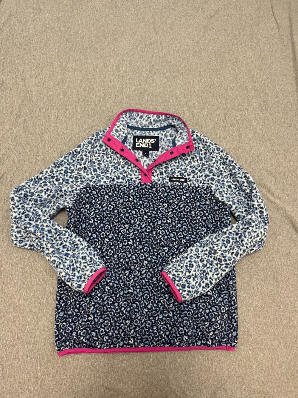 Land's End Fleece Pullover Blue Ditsy Floral Print Size Small